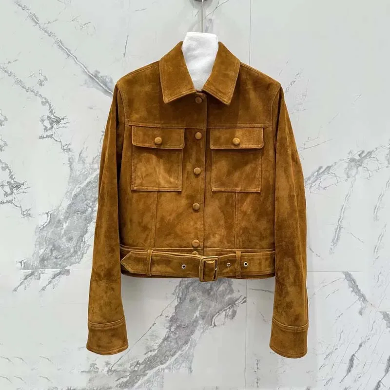 Genuine Leather Jacket Turn-Down Collar Clothes Short Length Velvet-Textured Sheepskin Leather High Quality Women Coat With Belt