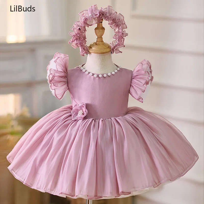 2024 Baby Kids One Year Old Dress Clothing Children Soft Satin Flying Sleeve Princess Little Girl's Birthday Dresses Costumes