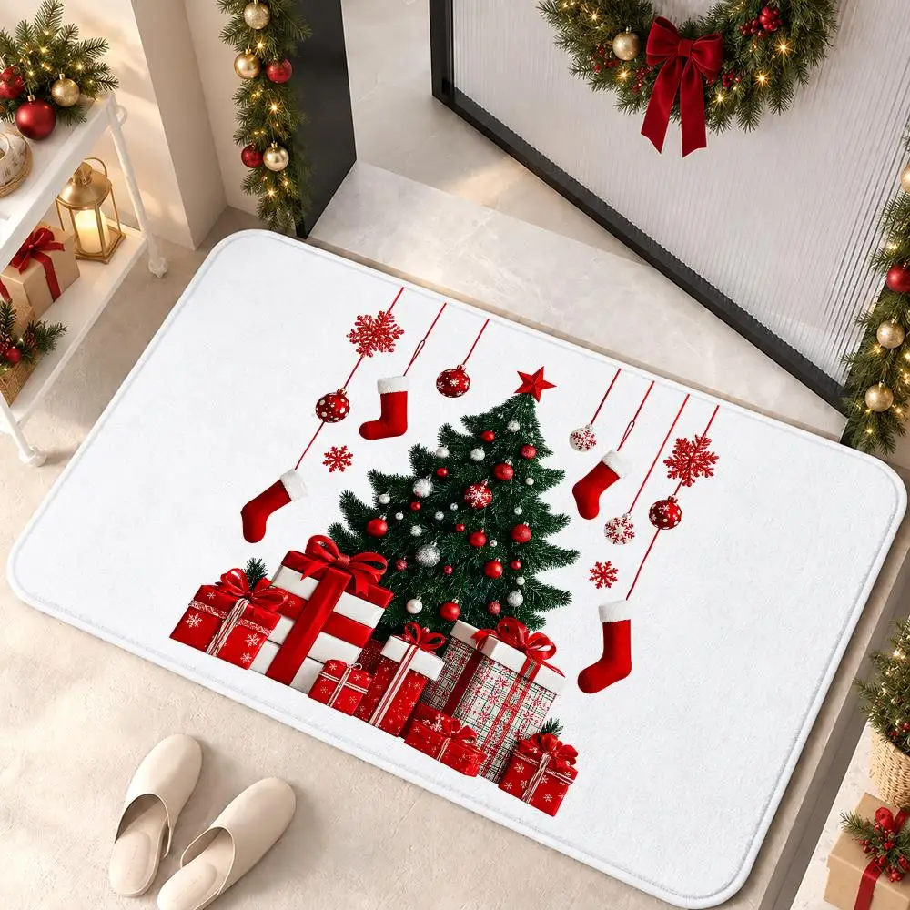 Snowman Christmas Santa Claus Floor Mat Flannel Rug Soft Non Slip Door Mat for Bathroom Bedroom Kitchen Festival Home Decor