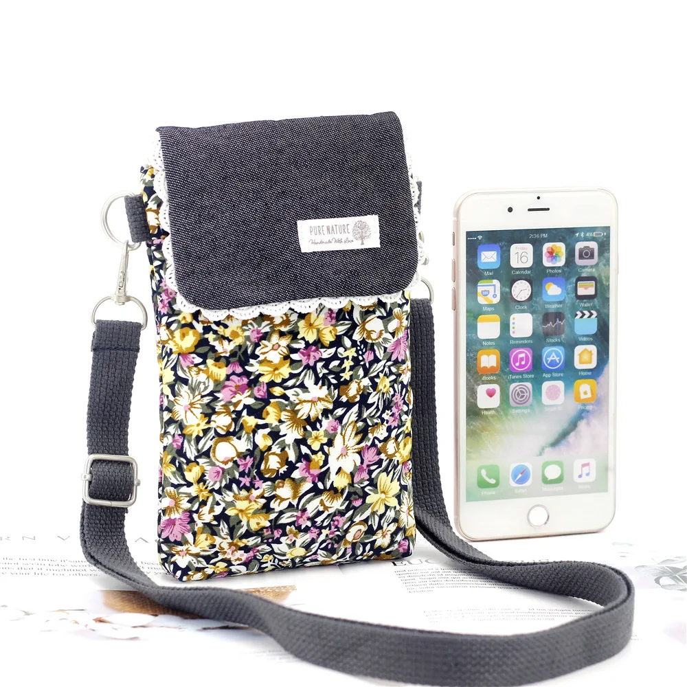 Women\'s Shoulder Crossbody Bag Linen Cotton Floral Pattern Ladies Handbag Female Phone Purse Money Pouch 2024 for Girls Women