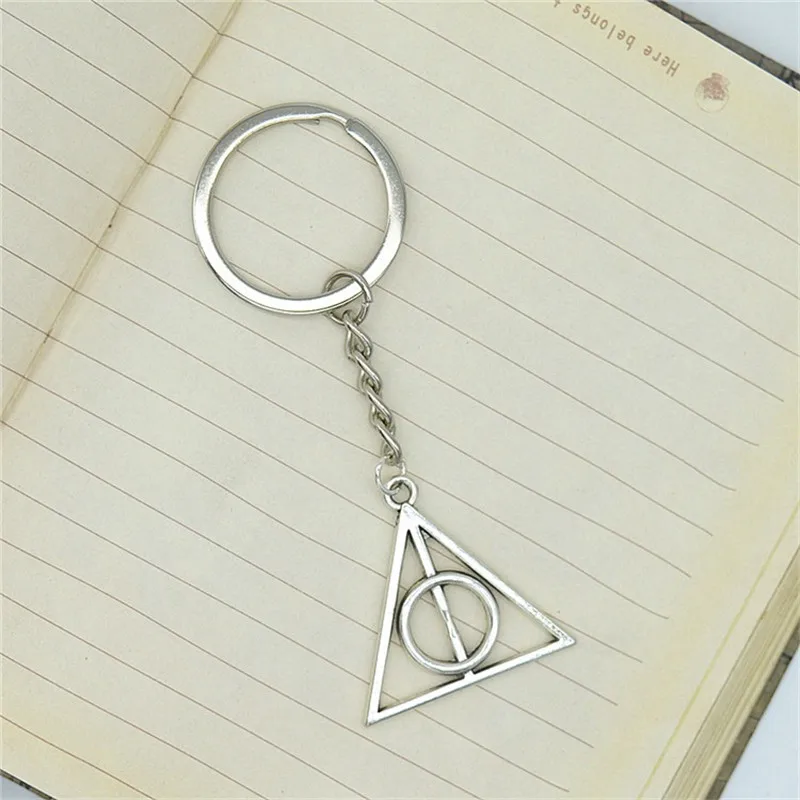 Fashion Keychain  Deathly Hallows Bronze Silver Color Pendant DIY Men Jewelry Car Key Chain Ring Holder Souvenir For Gift