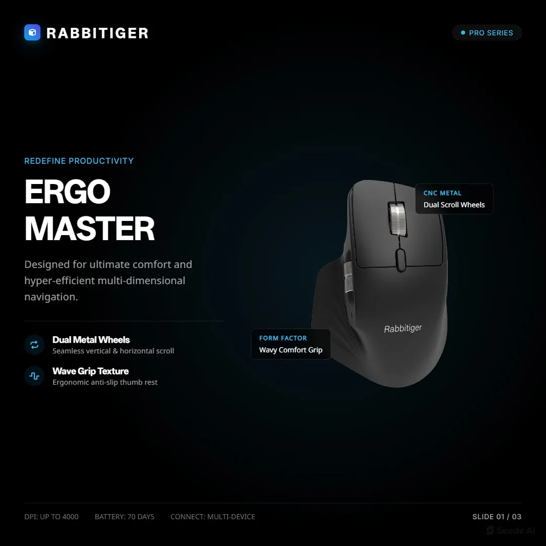 Rabbitiger 3‑Mode Wireless Ergonomic Mouse Bluetooth 5.0/3.0 2.4G Wired Multi‑DPI 800‑3200 Side Scroll Wheel Rechargeable Comput view 5
