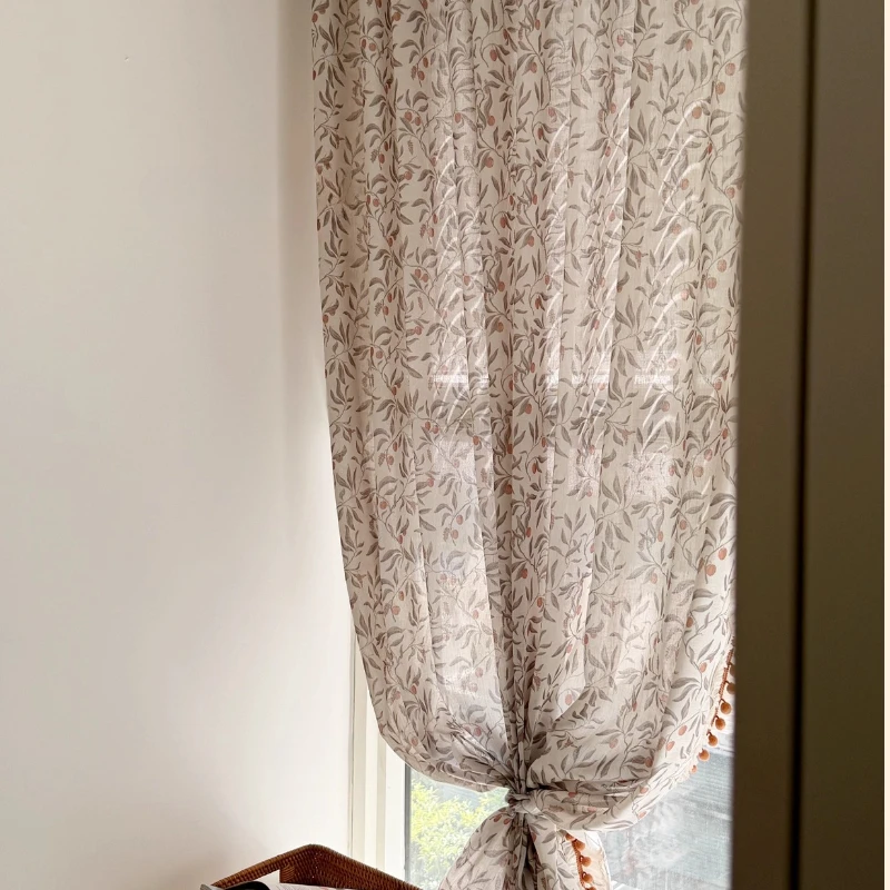 Minimalist Beige Sheer Curtains French Modern Yarn Drapes Subtle Fruit Tree Print Light Filtering Living Room Neutral Decor Veil