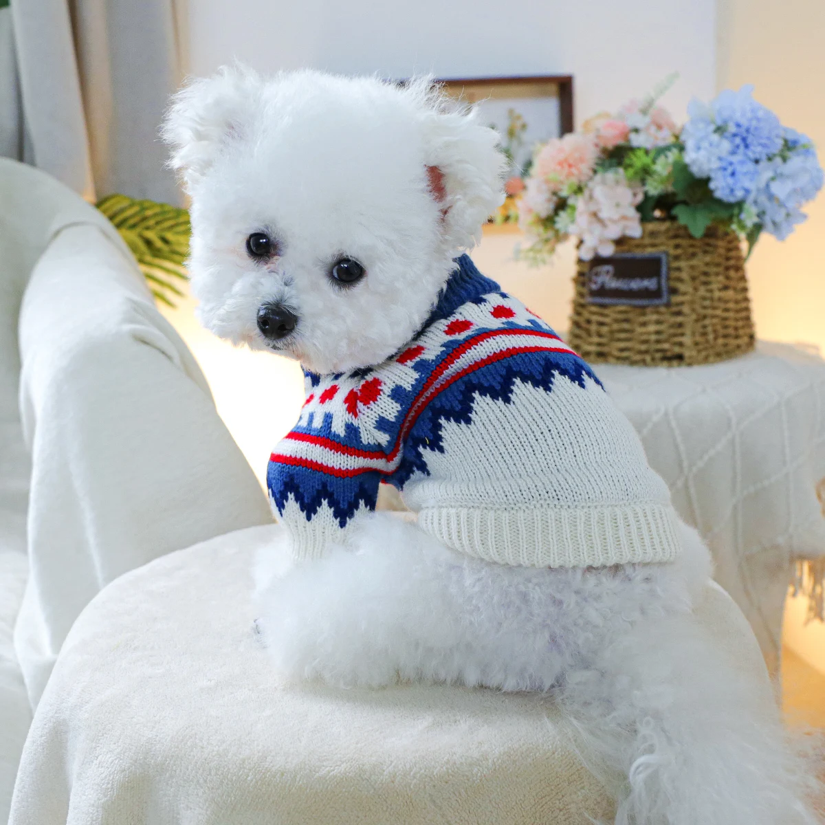 1PC pet clothing Fer Island blue sweater spring and autumn pullover knitted sweater suitable for small and medium-sized dogs