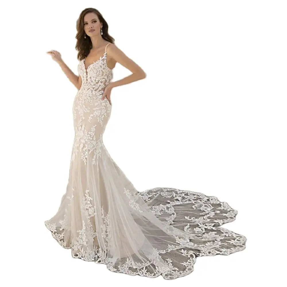 Abito da sposa a sirena di lusso Appliques di pizzo con scollo a v senza spalline Vestido De Novia 2024 abito da sposa senza schienale Sweep Train