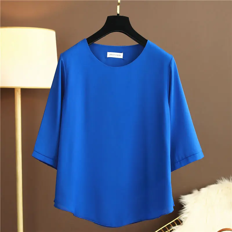 Fashion Women Chiffon Shirt 2024 Summer Half Sleeve Round Neck Blouse Casual Solid Color Loose Oversize Lady Top Blusas Mujer De