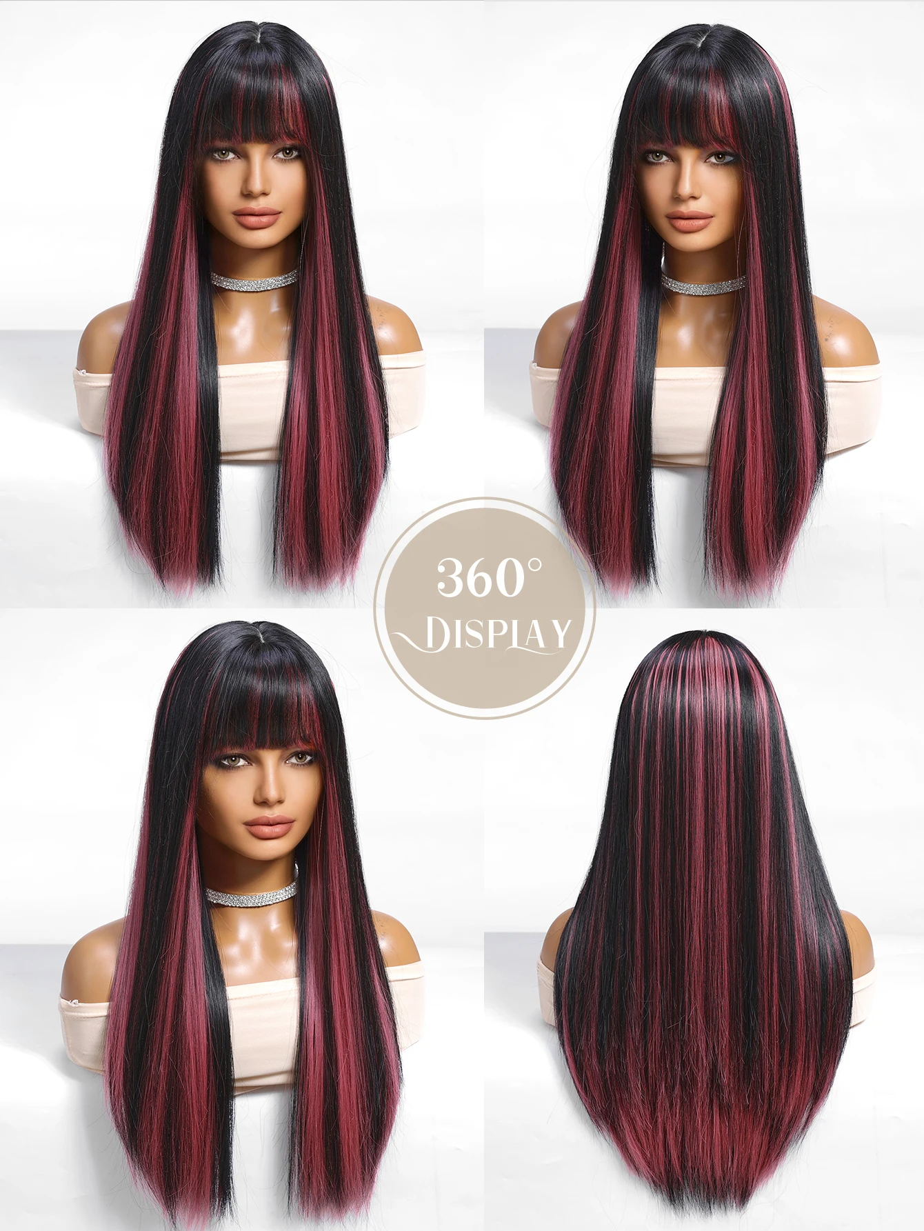 LOUIS FERRE Black Red Highlight Long Straight Wig With Bangs Heat Resistant Hair Halloween Gothic Cosplay Party Wig for Women