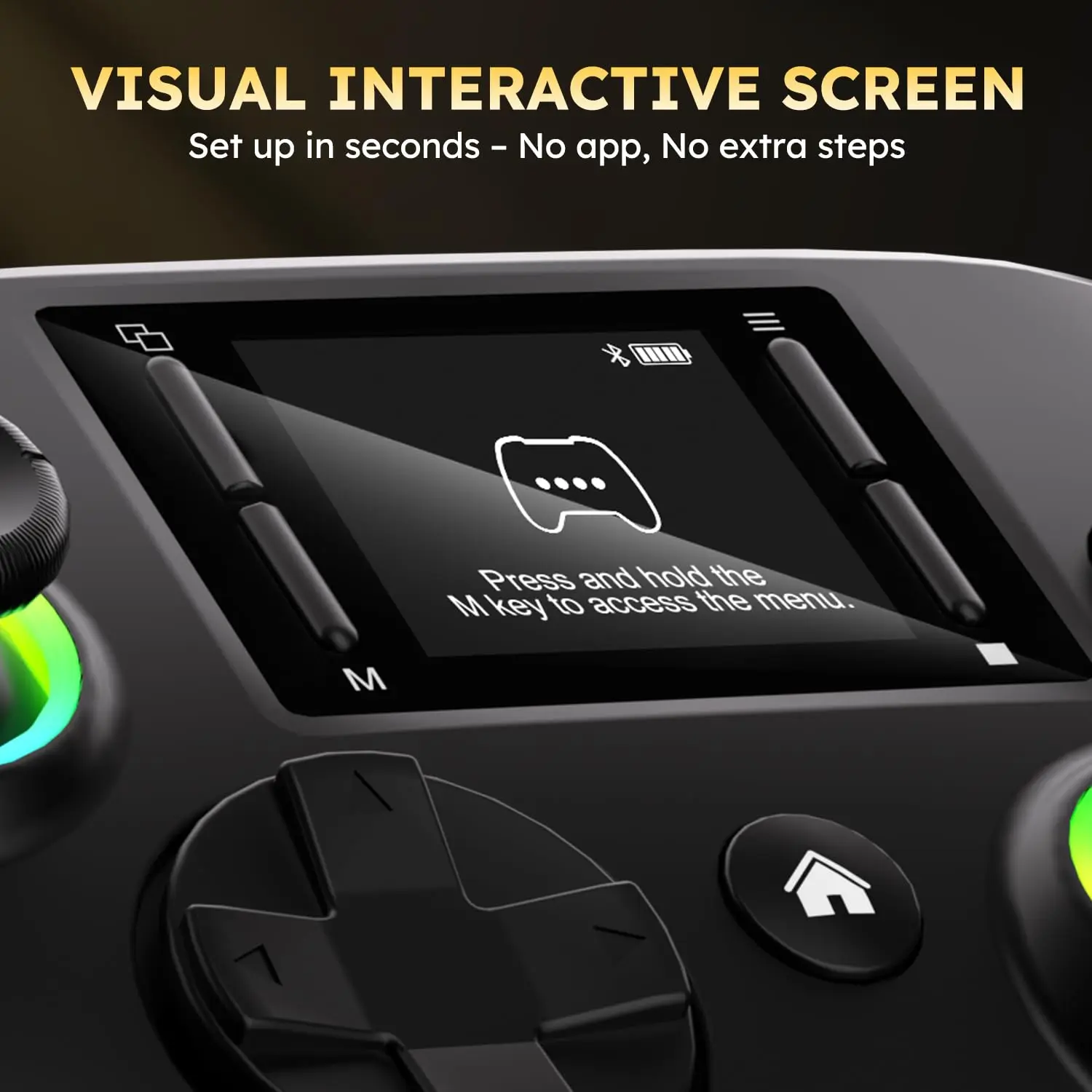 Wireless gaming controller with an interactive screen, compatible with PC, PS4, Switch, Android, and iOS devices. Features 4 programmable buttons, rapid-fire functionality, a 6-axis gyroscope, dual vibration feedback, and RGB lighting.