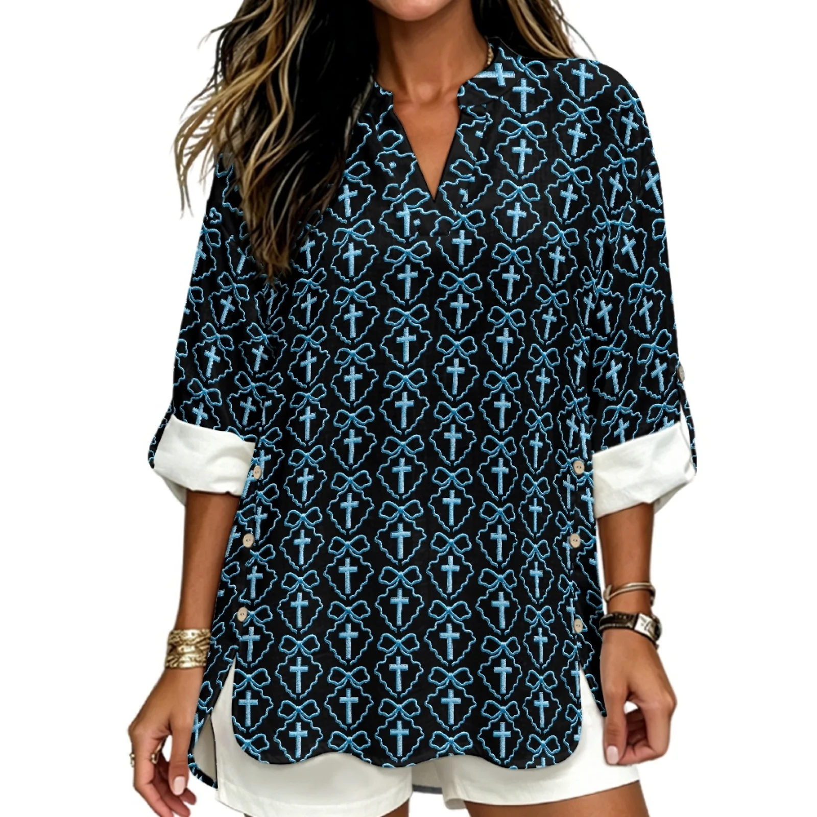 PENSTROLL Blue Cross Bow Pattern Linen Style Tunic Shirts Breathable Long Sleeve Blouses for Everyday Wear Sizes S-5XL
