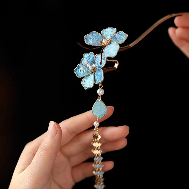 FXLRY Original Handmade Pearl Fabric Fleece Flower Blue Hairpin Fall/Winter Headdress