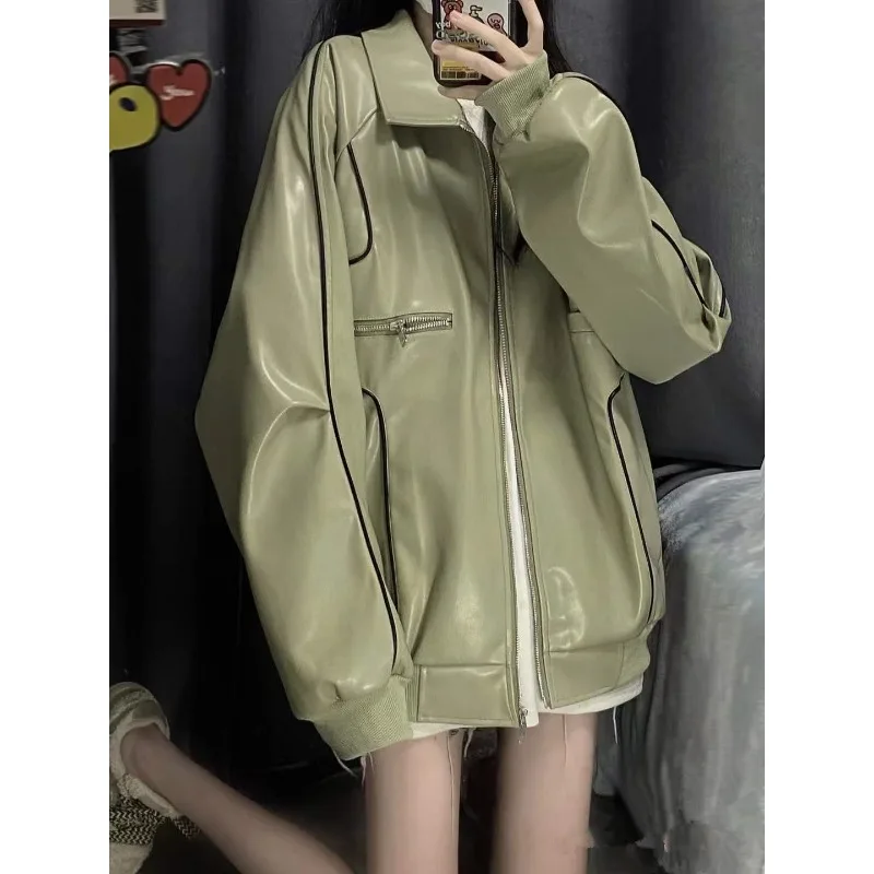 Lederjacke für Frauen verdickt faulen Stil losen Mantel Retro einfarbigen Revers mit Reiß verschluss College-Stil High Street