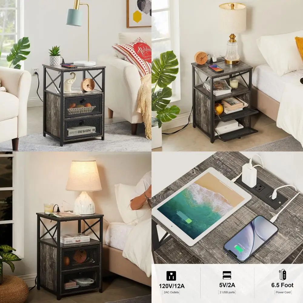 24 tables d'appoint en chêne gris équipés d'usb et de prises, tables de nuit avec chargement et rangement, lot de 2 pour la maison