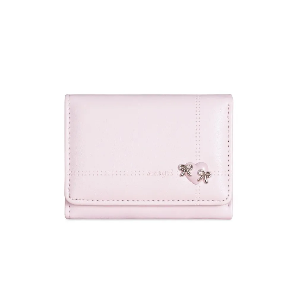 Sweet Large Capacity Love Bow Wallet Multi-card Slot PU Leather Tri-fold Short Wallet Foldable Compact Card Holder Daily Use