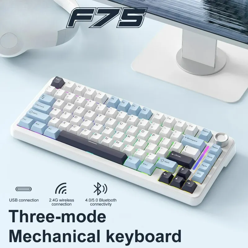 لوحة مفاتيح ميكانيكية زرقاء جليدية قابلة للتخصيص بنسبة 75%، هيكل حشية بمفتاح كامل ولوحة مفاتيح ألعاب لاسلكية RGB قابلة للتبديل السريع #3