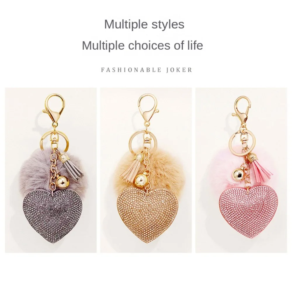 Fashion Faux Fur Ball Keychain Rhinestone Heart Alloy Key Ring Solid Color Furball Keychain Women