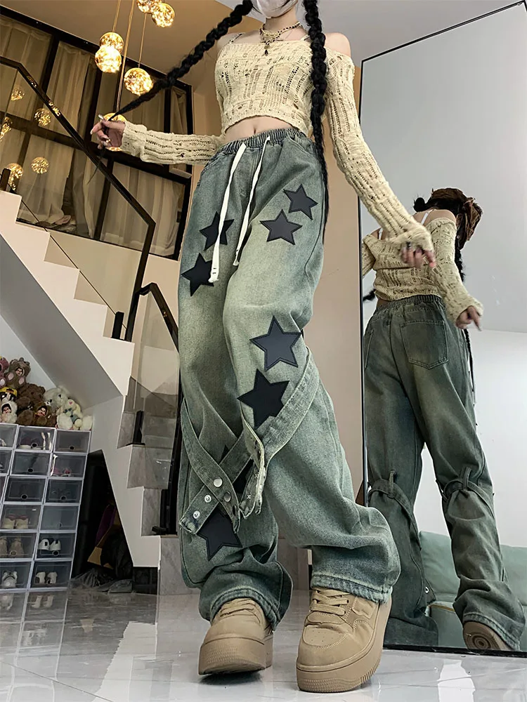 High Street Gyaru Star Jeans Frau Y2k Vintage blau hohe Taille weites Bein Hosen Denim Baggy Hose lässig Flut Streetwear Punk