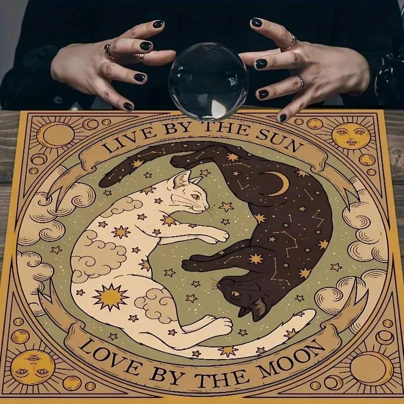 Sun-Moon Cat Design Under the Starry Sky Mystic Altar Tablecloth for Tarot Divination and Witchcraft Rituals Table Decor Cover