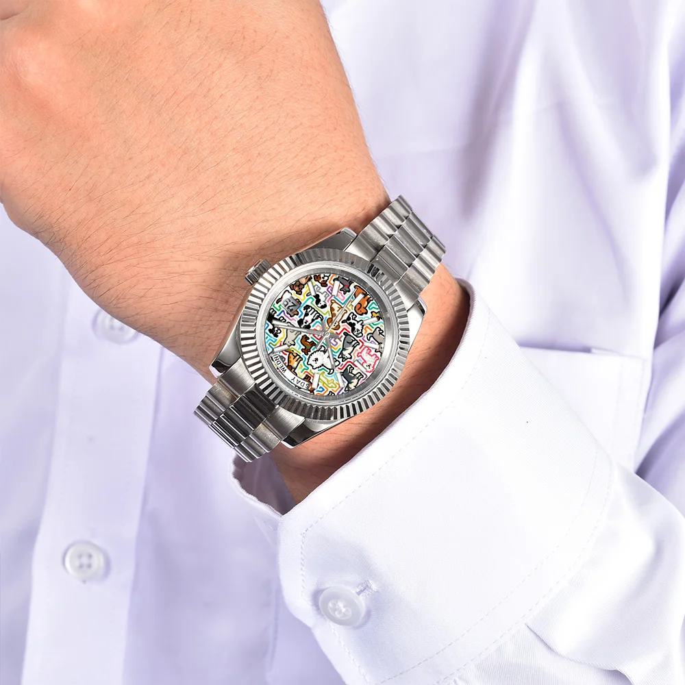 Jam Tangan Otomatis Pria Miyota 8285 Movement 21 Jewels Tampilan Hari-Tanggal Kristal Safir Baja Tahan Karat Jam Tangan Hewan Kreatif