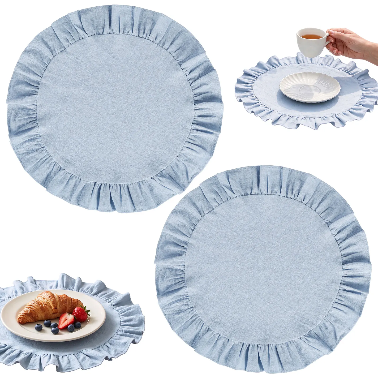 2Pcs Retro Soft Ruffle Placemats Round Cotton Table Cup Mat Square French Coasters Table Placemat Coaster Restaurant Decor