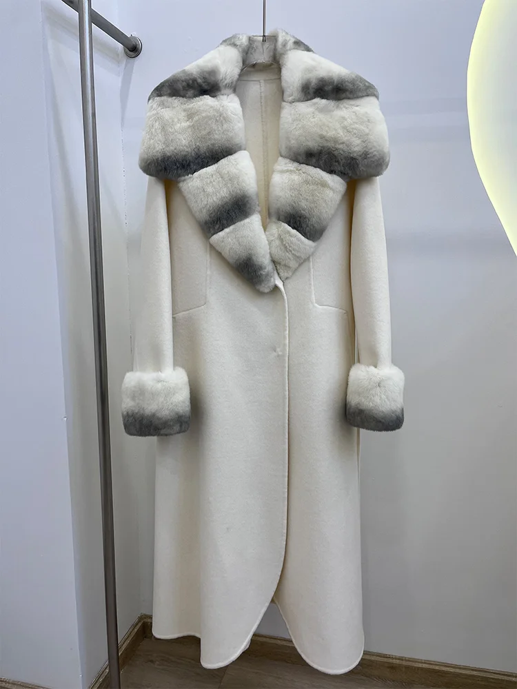 2025 New Winter Women Natural Rex Rabbit Fur Collar Wool Woolen Jacket Cashmere Long Casual Real Fur Coat