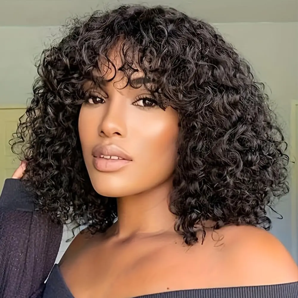 Curly Bob Wig Human Hair With Bangs – Short Glueless Human Hair Wig For Black Women, 100% Brazilian Virgin Hair, Natural Black