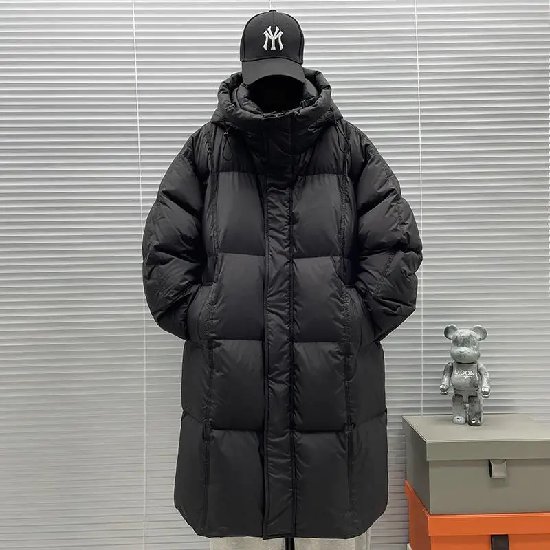 

Mens Long Down Jacket 2025 New Winter Simple Thick Warm 90 White Duck Down Long Down Coats Black Long Sleeve Hooded Loose Coat