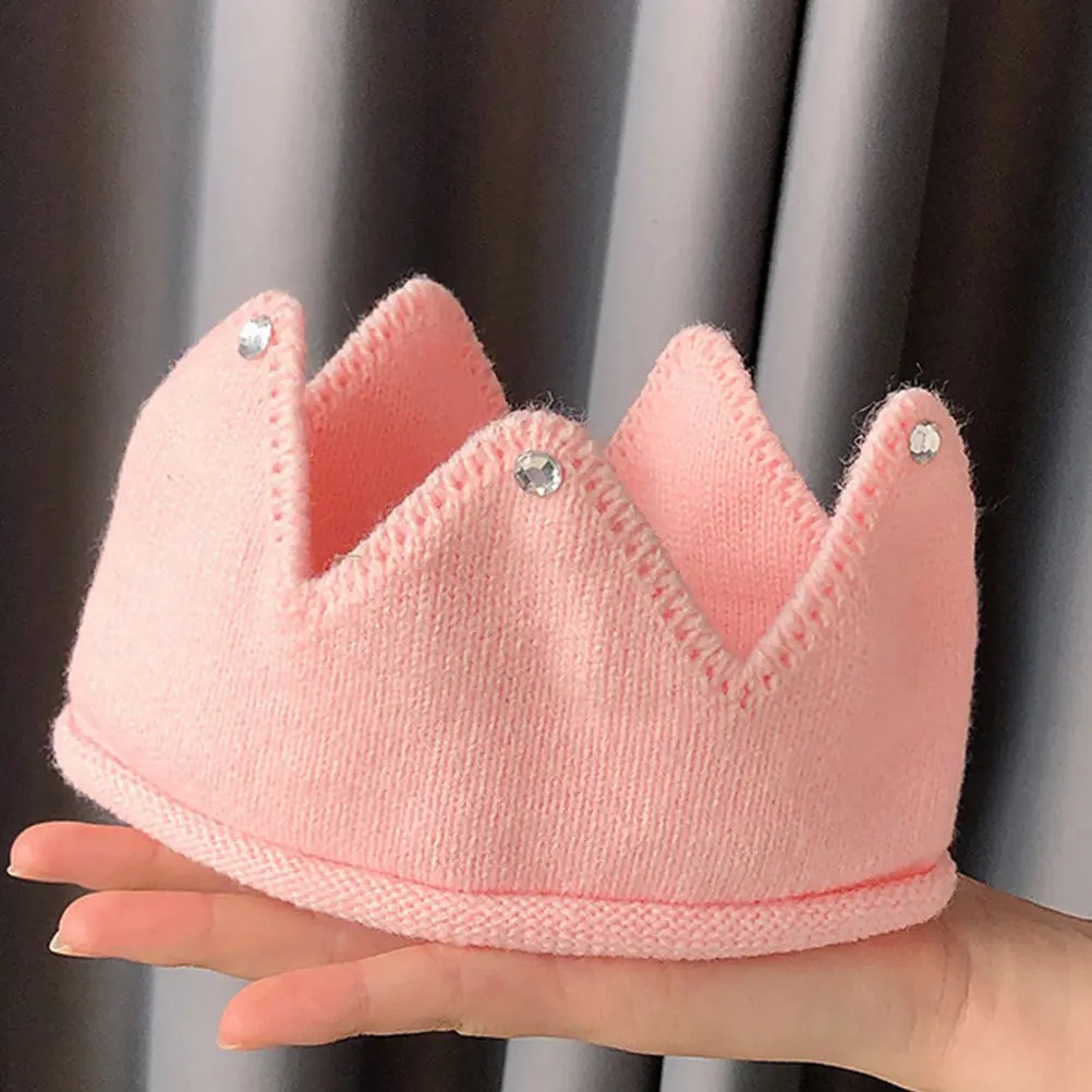 

Baby Knitted Crown Hat Pink Winter Warm Soft Comfortable Birthday Hat Headband Rhinestone Design Baby Birthday Crown Headband