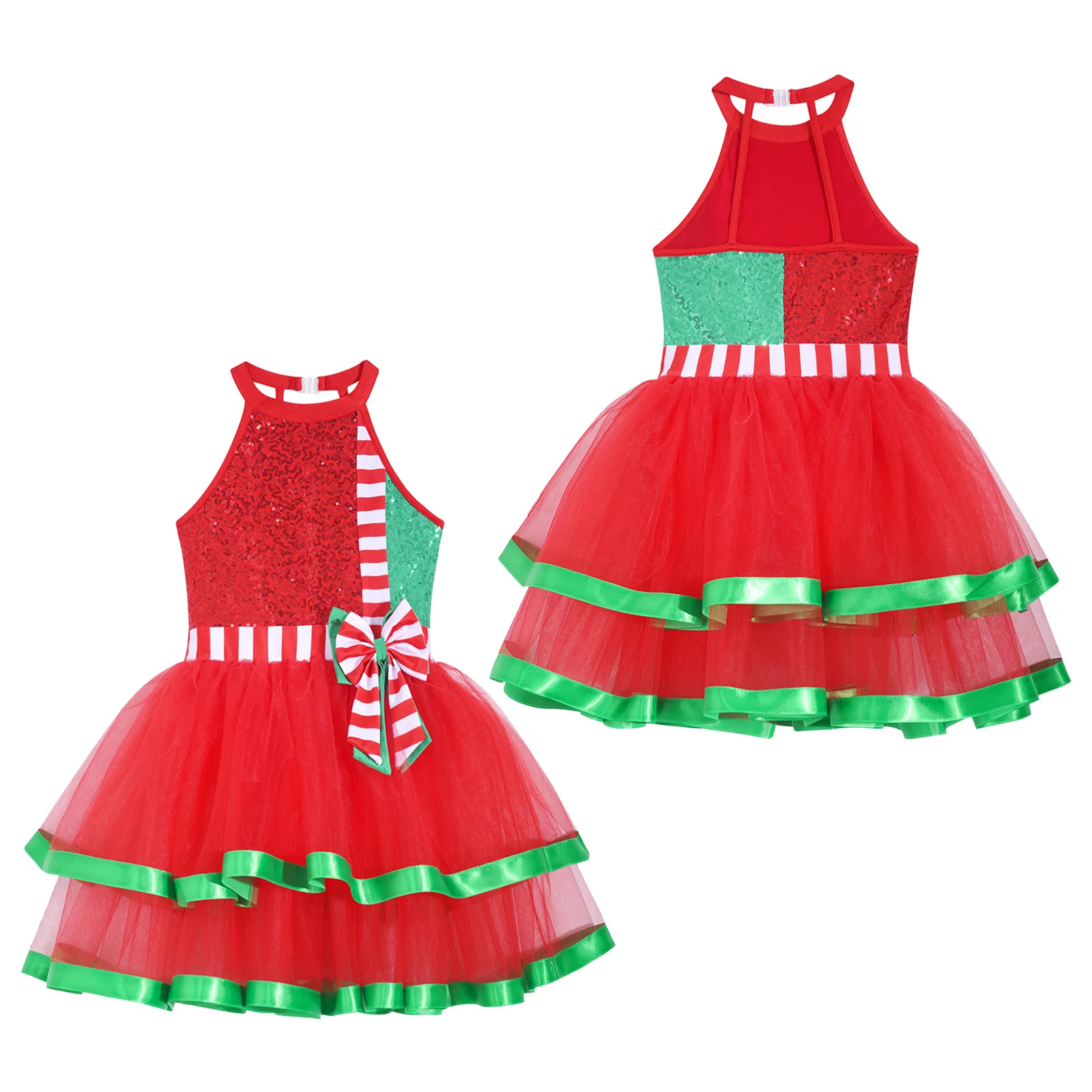 

Kids Girls Christmas Elf Costume Sleeveless Sequin Dance Dress Figure Skating Xmas New Year Cosplay Tutu Performance Party Dress