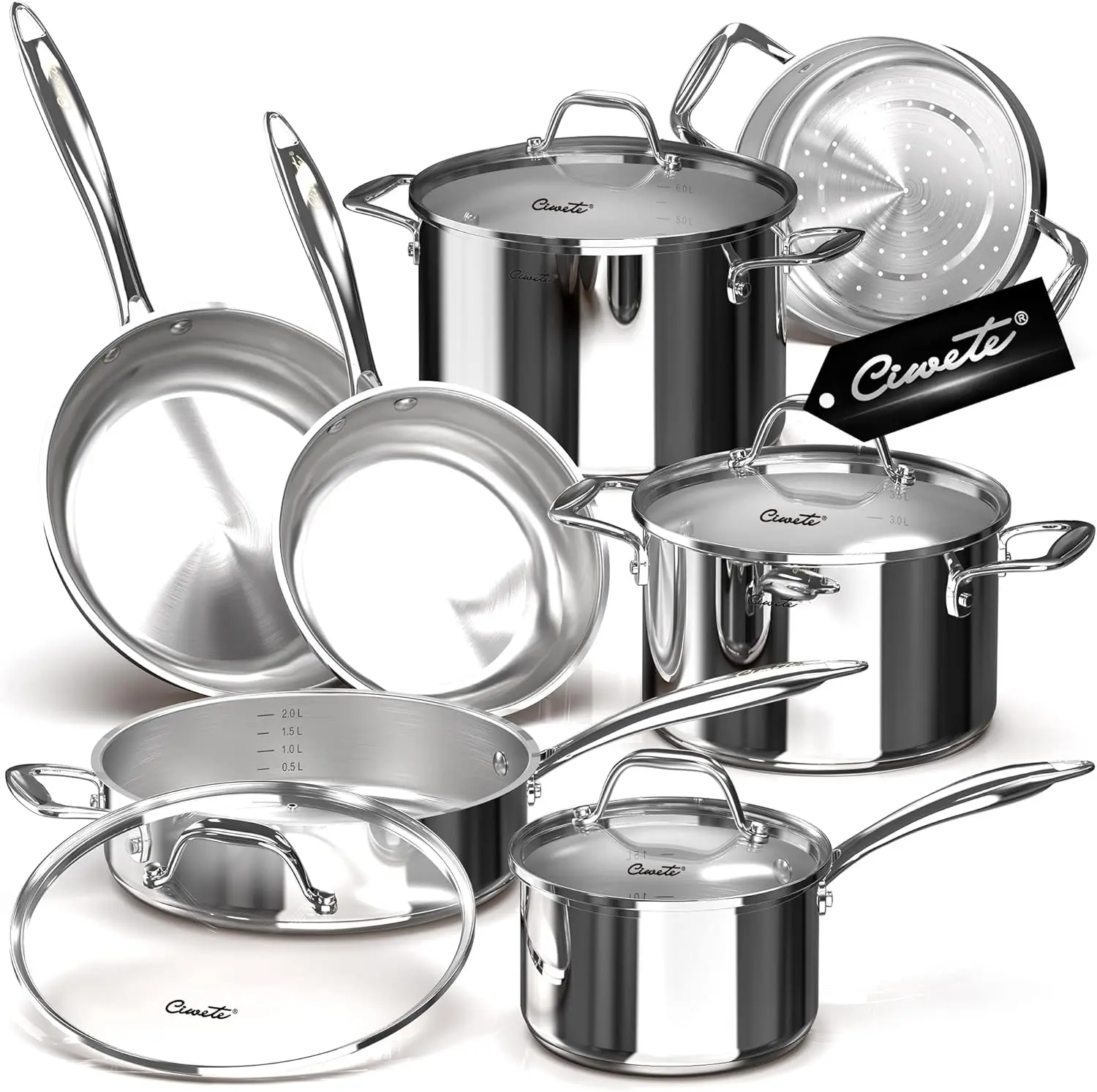 

11-Piece Tri-Ply Stainless Steel Pots and Pans Set, 18/10 Stainless Steel Cookware Set with Steamer Insert, Induction Kitchen Co