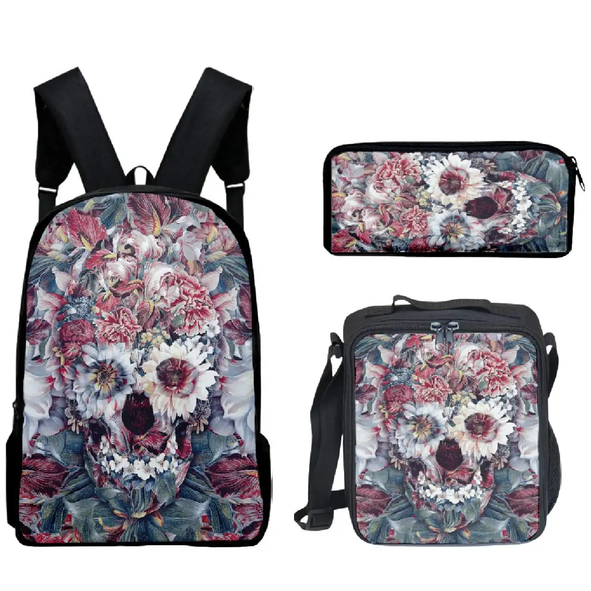 Blumen schädel 3 Stück Rucksack 3d gedruckt Skelett Kunst Studenten Jungen Mädchen Schult asche Lunch Bag Frauen Männer lässig Reise Laptop-Tasche