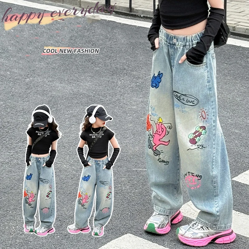 

Girl Jeans Ages 4-14Y Teen Loose Denim Teenage Child Vintage Trouser Toddler Fashion Drawing Denim Streetwear Kid Y2k Long Pants