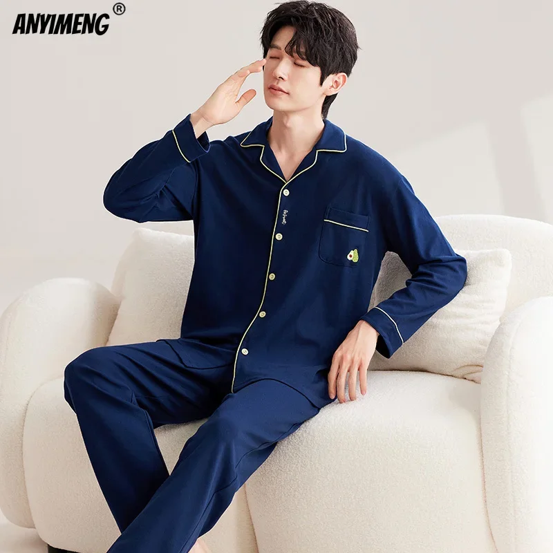 Gentleman Turn-down Collar Sleepwear Leisure Boys Pajamas Casual Mens Pijama Faux Cotton Soft Nightwear Autumn Spring Homesuit