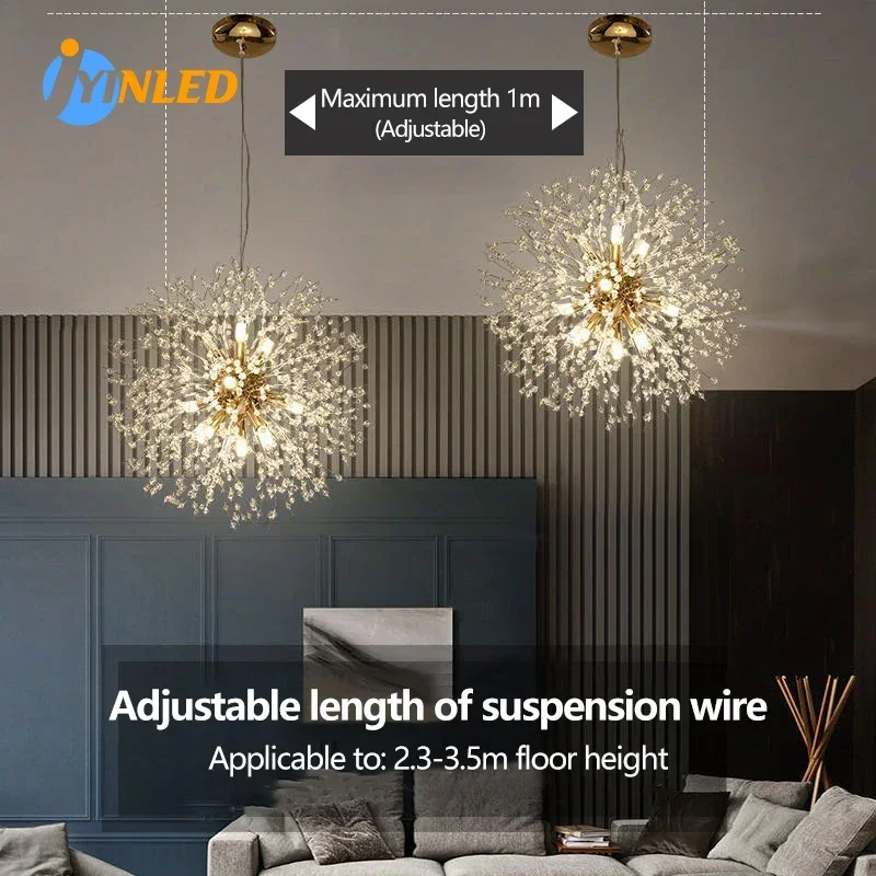 

Living Room LED Chandelier Lighting Modern Dandelion G9 Gold Pendant Lamps Home Decor Art Crystal Hanging Lights for Dining Room