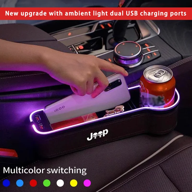 

For Jeep Grand Cherokee XJ JK TJ Renegade Compass Wrangler Patriot SRT Trail Hawk Car Seat Gap LED 7 Color Festoon Storage Box