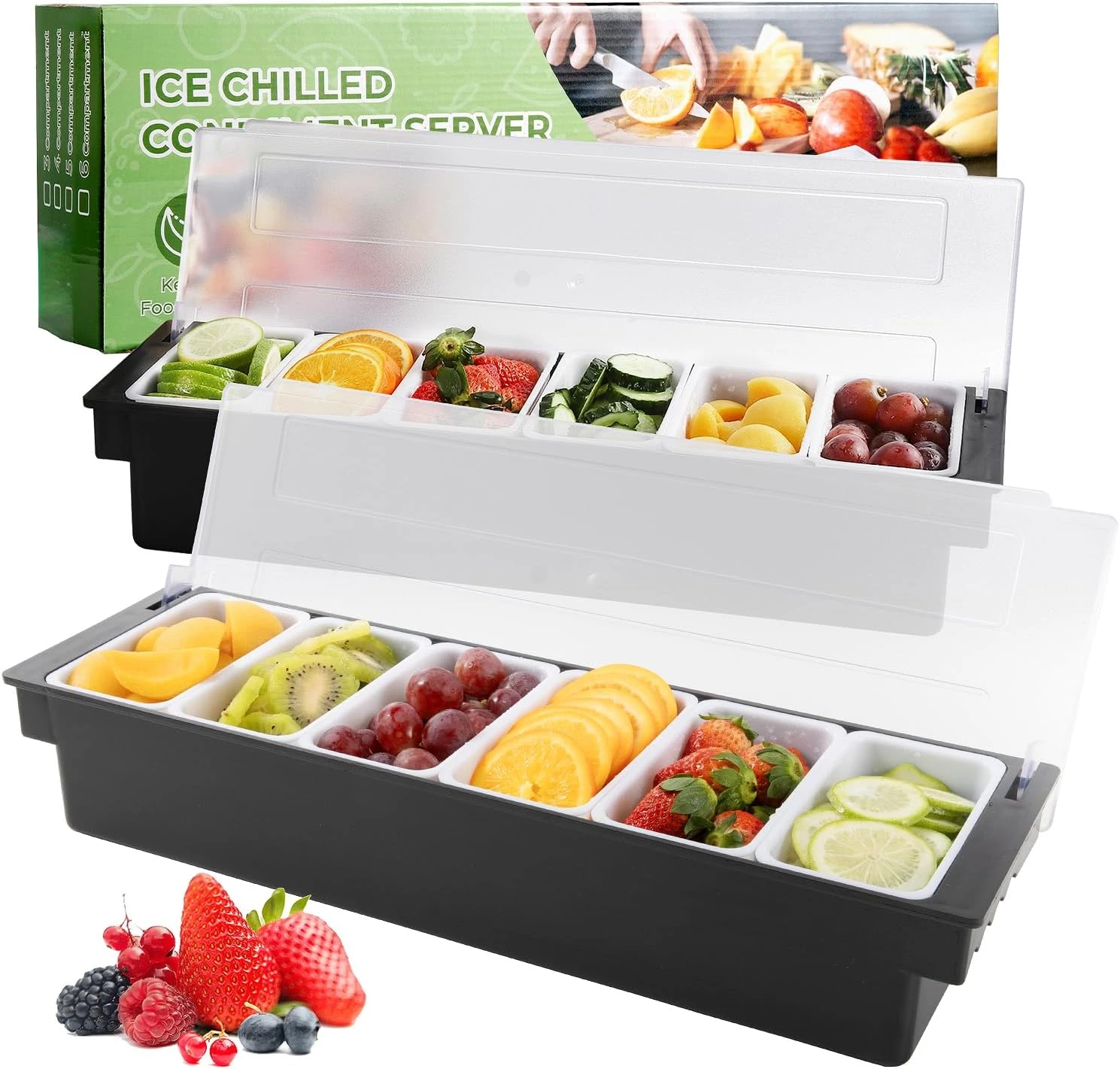 

Fruit, Veggie & Condiment Caddy with Lid Dispenser Tray Garnish Station for Bartending & Serving Taco, Ice Cream, Salad Bar