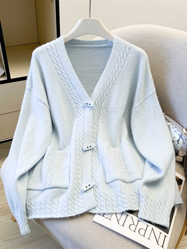 Senhoras tamanho grande camisola de malha inverno casual sle artístico preguiçoso sle botão até longo sve v ne cor malhas