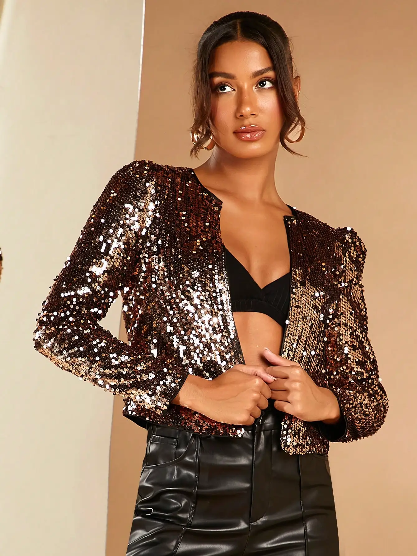 

Women's Open Front Sequin Jacket Sparkly Blazer Champagne Swift Glitter Cardigan Dressy Party Evening Wear