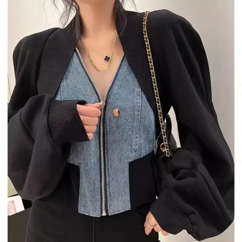 

Ladies Fashion Cowboy Patchwork Tops Korean Women Design Sense Niche Jacket Spring Autumn Feminine False Two-piece Cardigan Coat