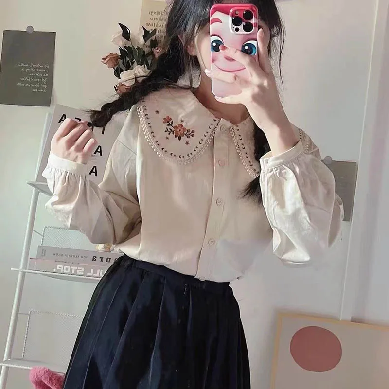 Lucyever Vintage Peter Pan Collar Shirts Women Korean Style Students Cute Pure Girls Blouse Harajuku Embroidery Button Up Shirt