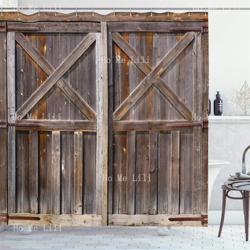 Old Wooden Barn Door Of Farmhouse Oak Countryside Village Board Rural Life Photo Print Rustic Shower Curtain Bathroom Decor