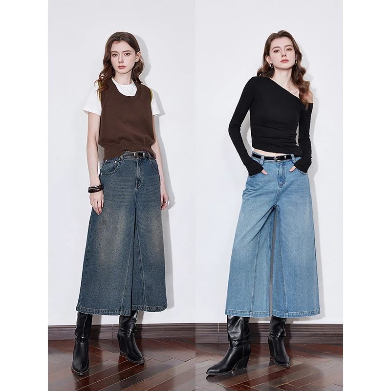 TOYOUTH Women Denim Jeans 2025 Spring New Mid Waist Wide Leg Straight Casual Capris Pants