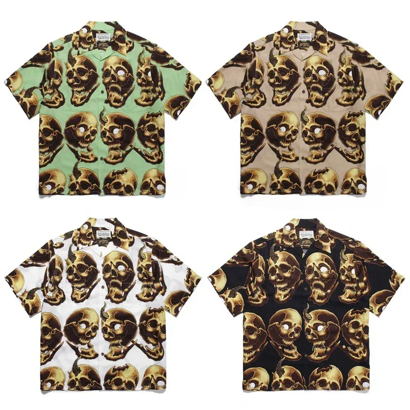 

WACKO MARIA Lapel Shirt TEE Tattooed Skull Printing New Black Polyester Oversize Breathable Button Short Sleeve Men Women Thin