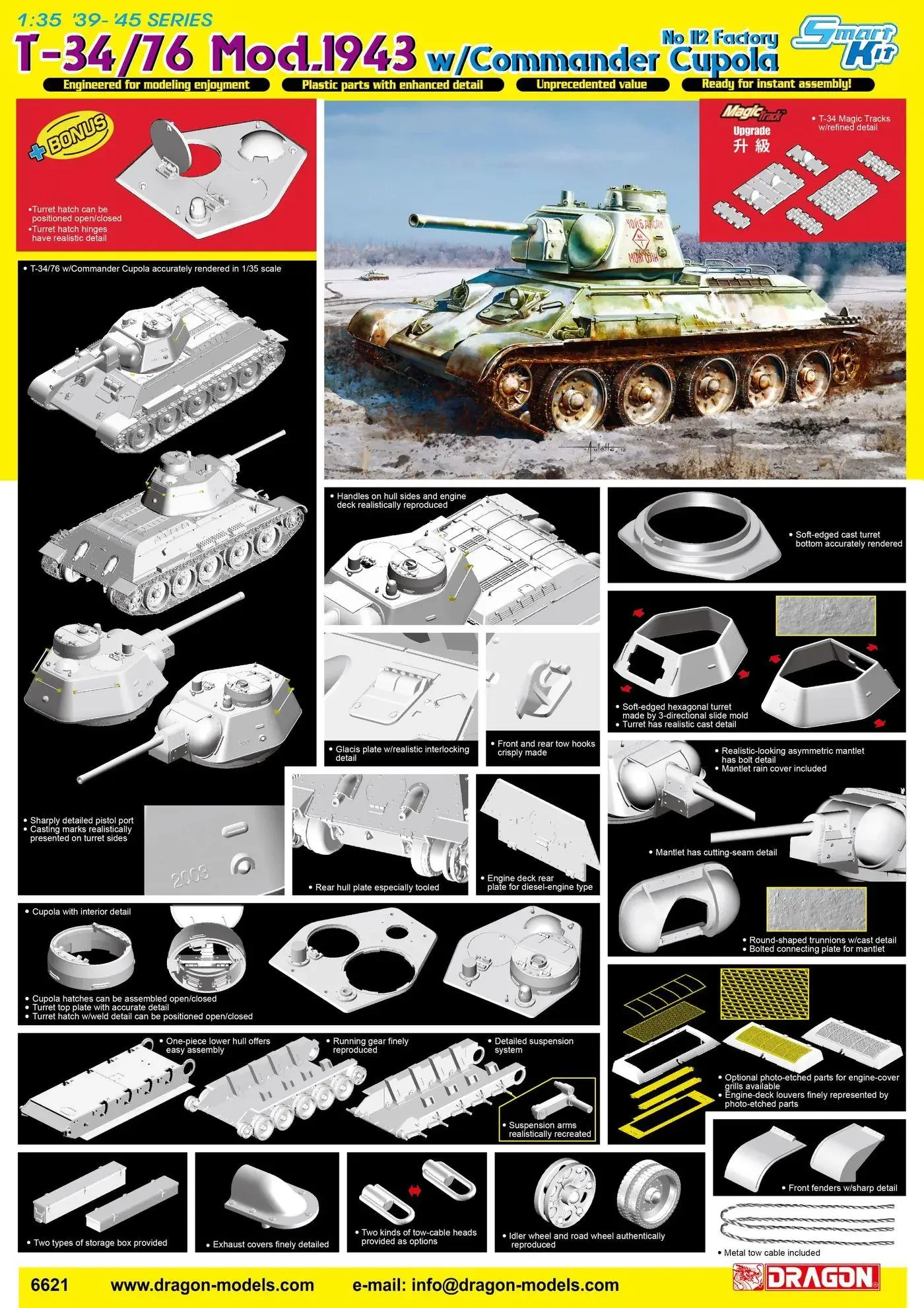 التنين 6621 1/35 T-34/76 No.112 Factory Mod.1943 مع طقم نماذج كوماندر كوبولا