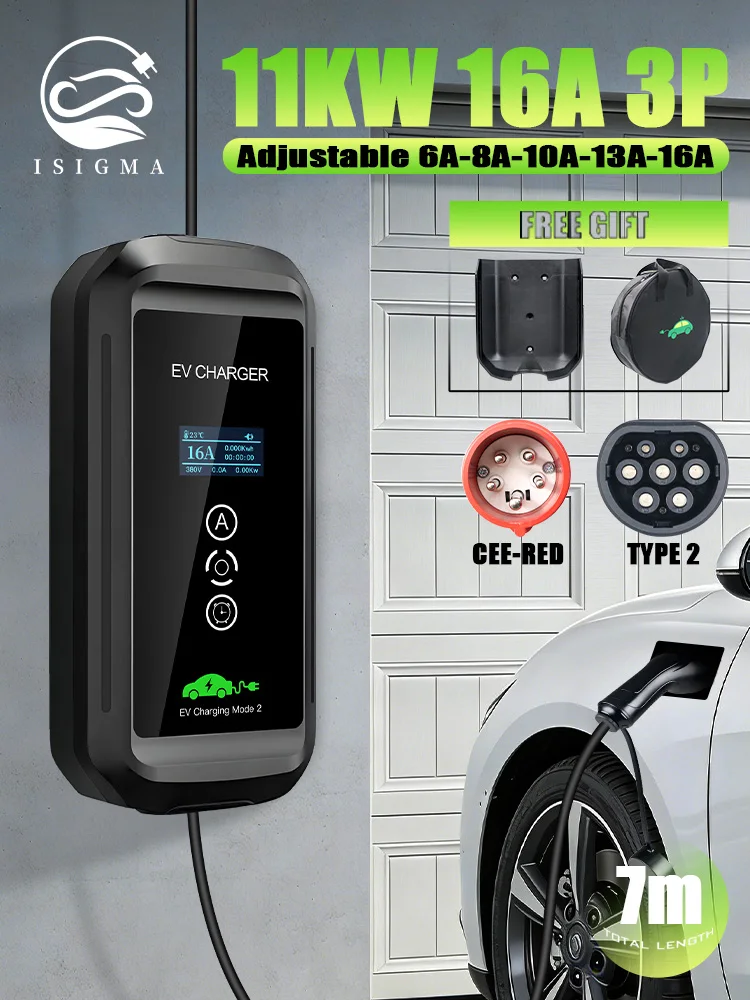 ISIGMA Mobiles 11KW Typ 2 Elektrofahrzeug-Ladegerät 16A 3P 380-450V Heimladekabel für Hybrid-Elektrofahrzeuge PHEV mit Zeitverzögerung 1-15 Stunden Speicherfunktion 7M Länge