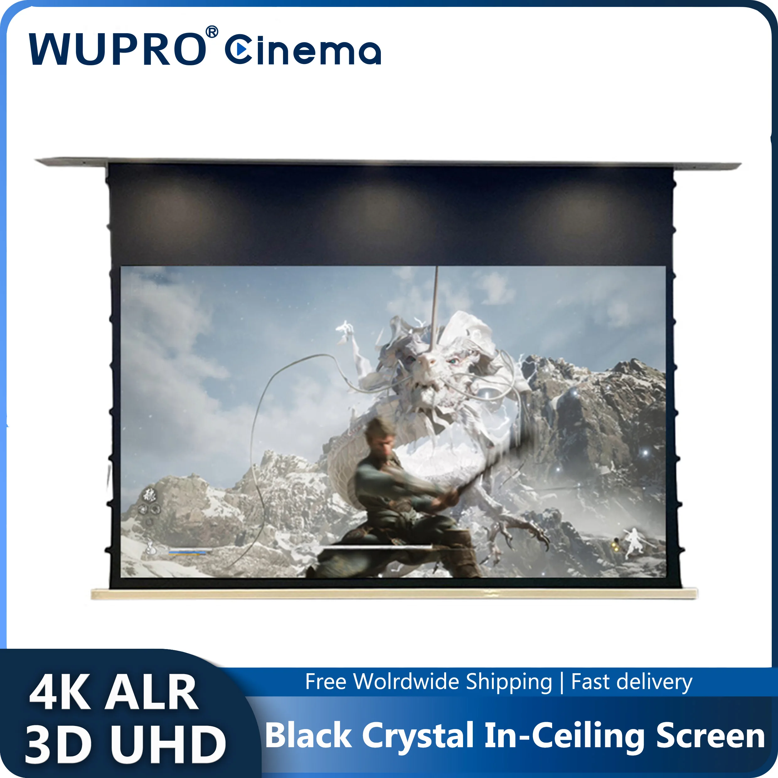 

New Projector Screen 4K ALR UST Motorized Hidden In Ceiling Screen 92-120Inch Wupro Black Crystal Fabric For 3D Laser Projectors