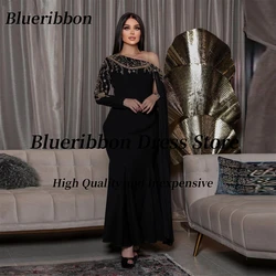 Blueribbon Black Mermaid Prom Dresses Beaded Neckline Vestidos De Noche Zipper Back Long Sleeve Evening Party Bride Wear Gowns