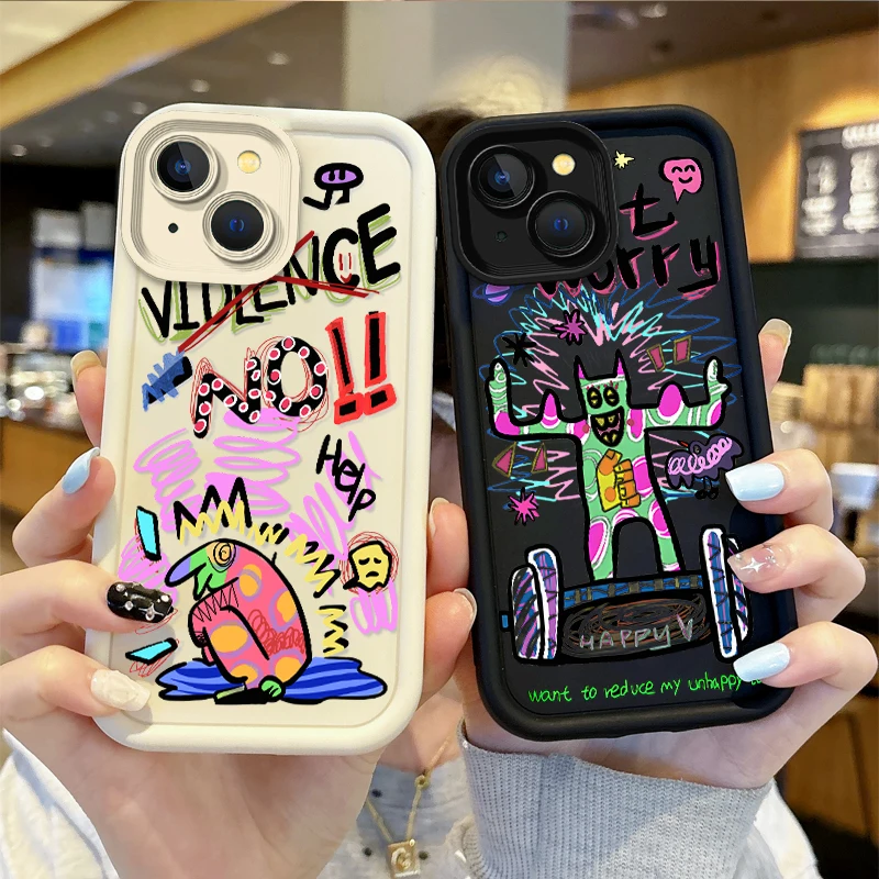 

Funny Doodle Monster Cartoon Phone Case For iPhone 16 Pro Max Case 15 14 13 12 11 Pro XR X XS Max 8 7 Soft Liquid Silicone Cover