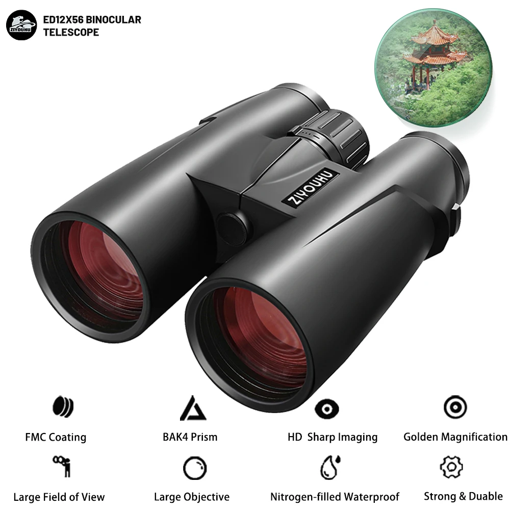 ED Lens 12X56 Professional Binoculars Telescope Ultra HD High Multiplier Powerful Waterproof for Hunting Camping Engineering Use