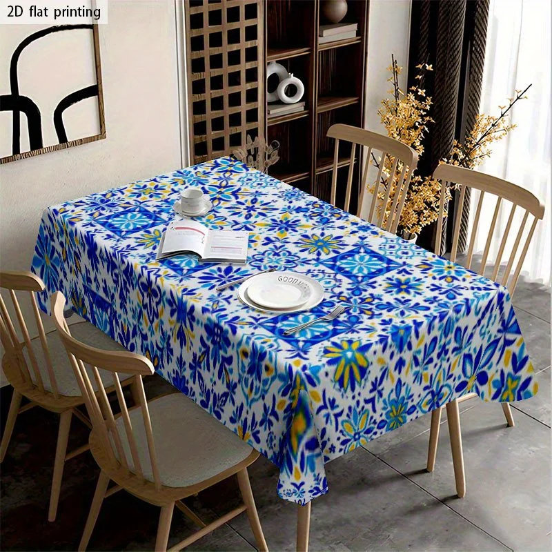 Blue White Geometric Floral Print Tablecloth for Table Decor Vintage  Porcelain Tiles Rectangle Table Cloth Holiday Party Decor