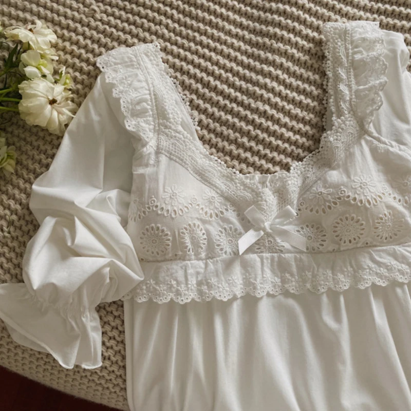Victorian Peignoir Ladies Loungewear Nightdress Vintage Nightgowns Women Cotton White Lace Lolita Night Dress Princess Sleepwear